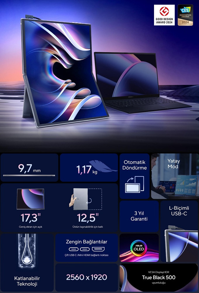ASUS ZenScreen MQ17QH 17.3″ 0.2ms 60Hz 2.5K QHD Taşınabilir Monitör