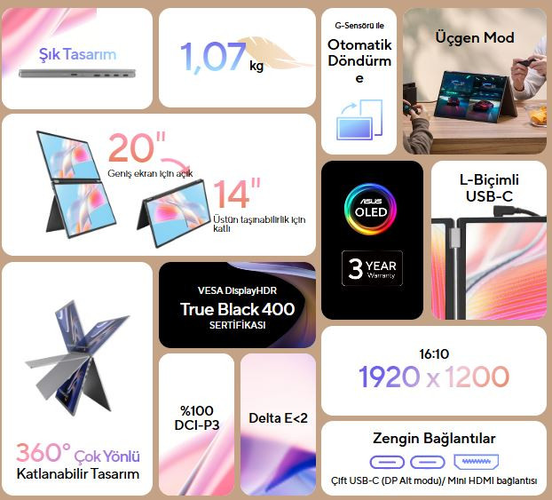 ASUS ZenScreen Duo OLED MQ149CD 14″ 1ms 60Hz DisplayHDR™ 400 Full HD OLED Taşınabilir Monitör