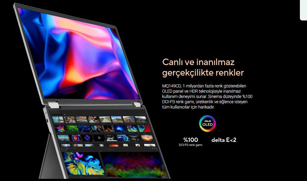 ASUS ZenScreen Duo OLED MQ149CD 14″ 1ms 60Hz DisplayHDR™ 400 Full HD OLED Taşınabilir Monitör