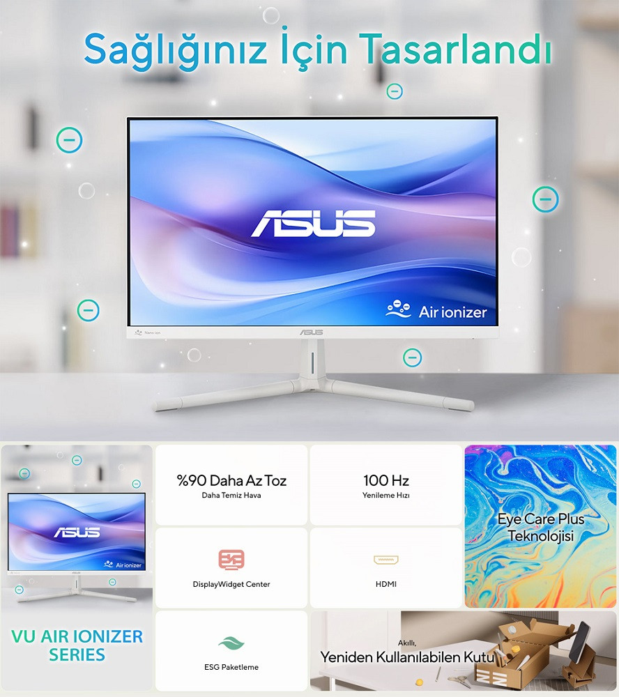ASUS VU279HFI-W 27″ 100Hz 1ms Eye Care Hava İyonizeri Full HD IPS Monitör