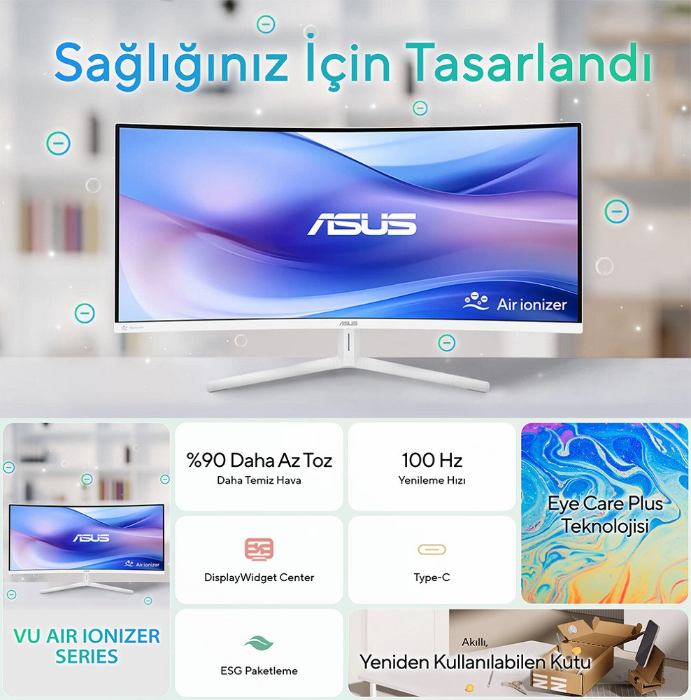 ASUS VU34WCIP-W 34″ 100Hz 1ms Eye Care Hava İyonizeri Curved WQHD VA Monitör