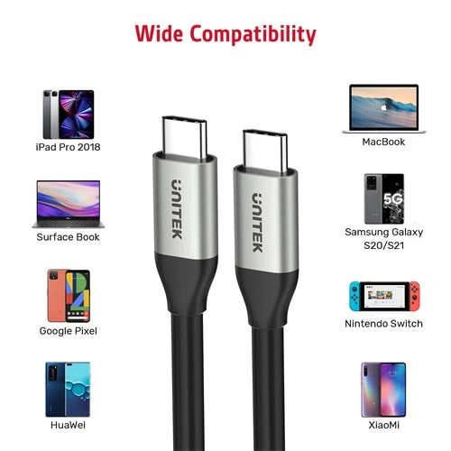 Unitek Type-C to Type-C (100W) 1Mt (4K 10Gbps Görüntü Aktarımı) Hızlı Şarj Kablosu C14082ABK