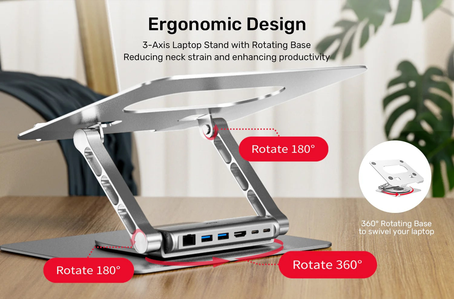 Unitek 360D 15.6″ Metal Notebook Standı Çıkarılabilir 5 in 1 USB-C Hub Dahil D1109B01