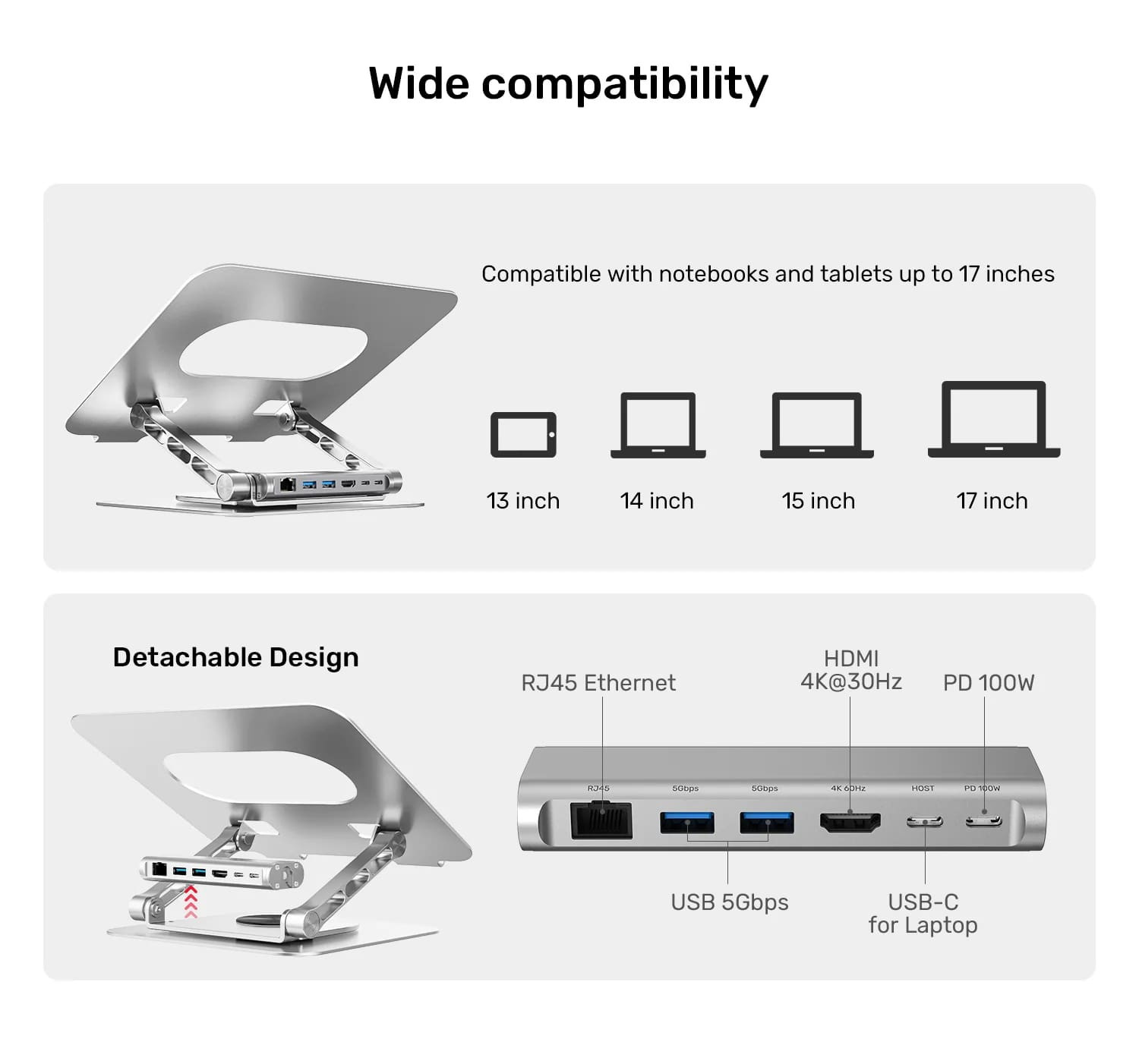 Unitek 360D 15.6″ Metal Notebook Standı Çıkarılabilir 5 in 1 USB-C Hub Dahil D1109B01