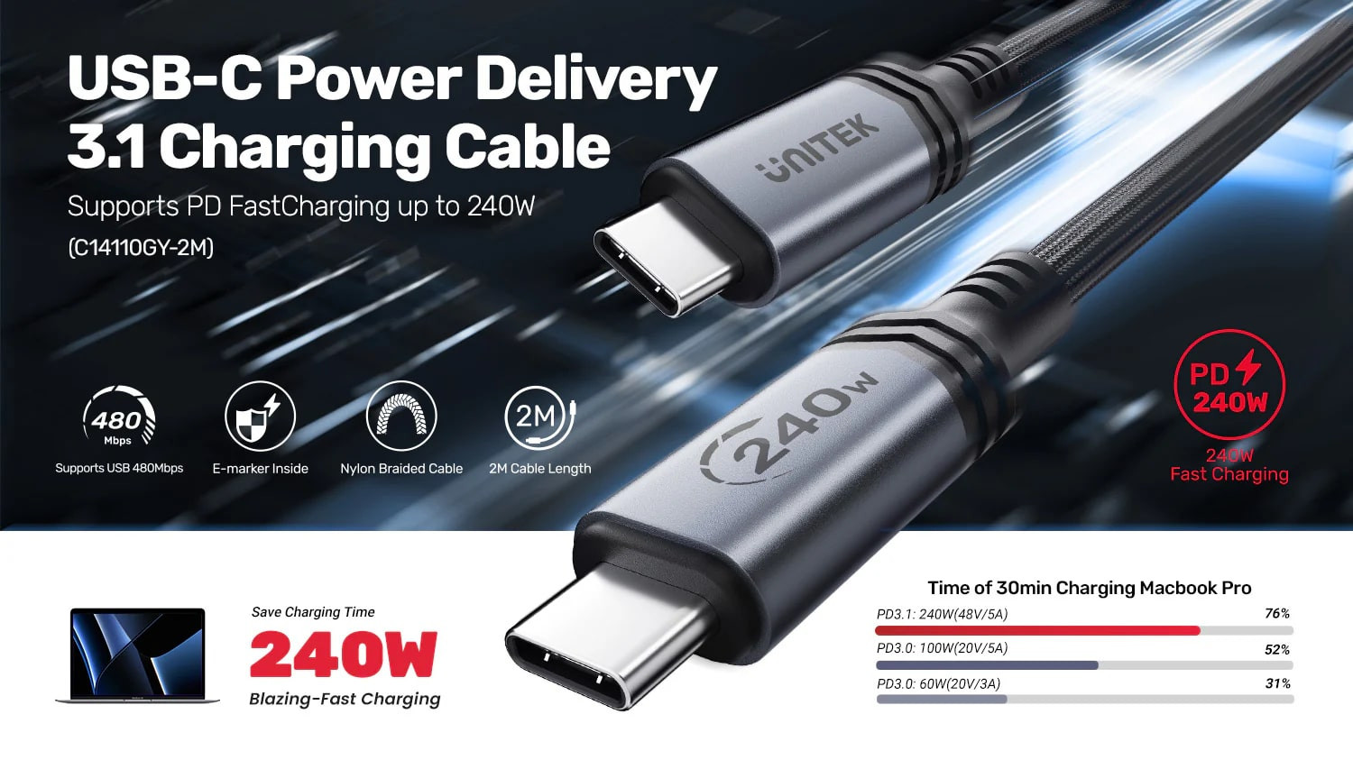 Unitek Type-C to Type-C (240W) 2Mt Hızlı Şarj Kablosu C14110GY-2M