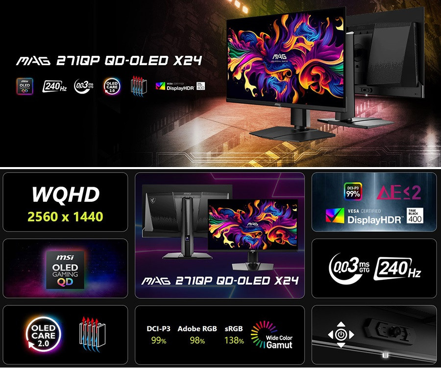 MSI MAG 271QP QD-OLED X24 26.5″ 0.03ms 240Hz WQHD Flat QD-OLED F-Sync Gaming Monitör