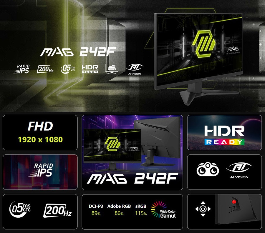 MSI MAG 242F 23.8″ 200Hz 0.5ms  Freesync Full HD Flat Rapid IPS Gaming (Oyuncu) Monitör