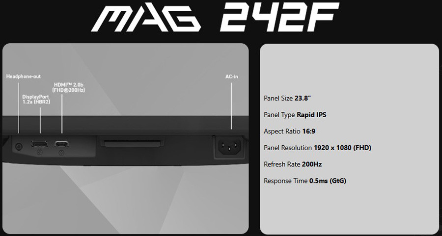 MSI MAG 242F 23.8″ 200Hz 0.5ms  Freesync Full HD Flat Rapid IPS Gaming (Oyuncu) Monitör