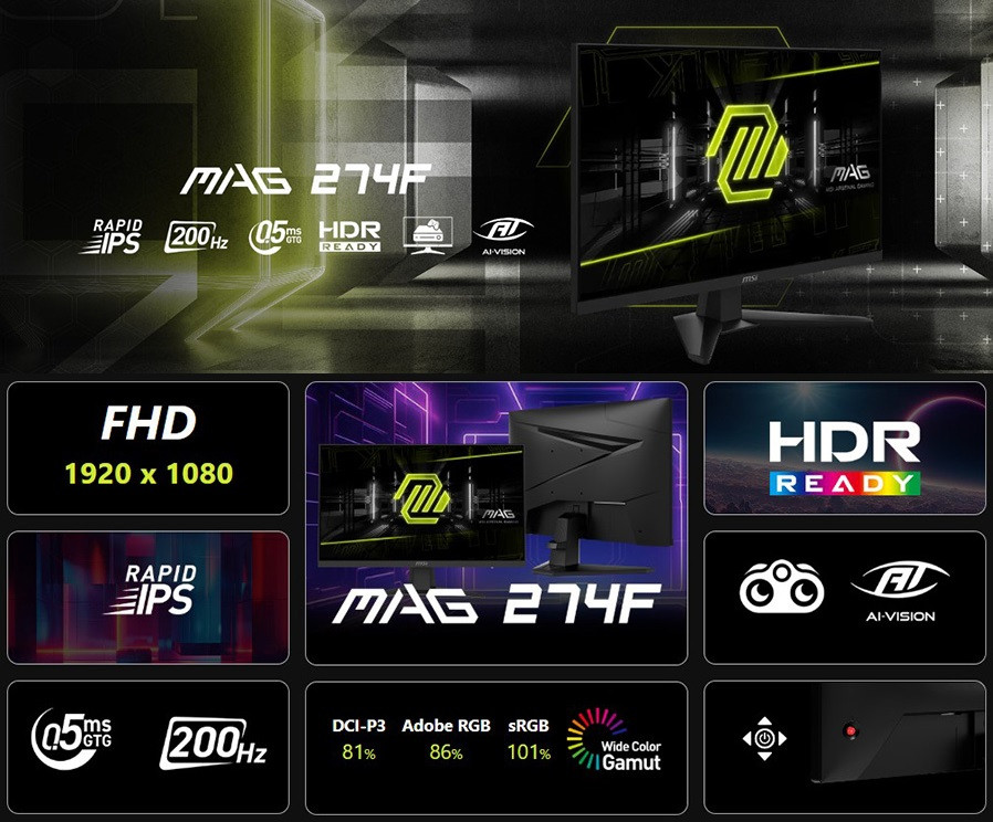 MSI MAG 274F 27″ 200Hz 0.5ms Adaptive Sync Full HD Flat Rapid IPS Gaming (Oyuncu) Monitör