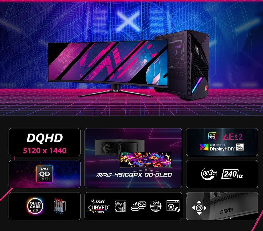 MSI MPG 491CQPX QD-OLED 49″ 240Hz 0.03ms Adaptive Sync Curved Dual QHD Curved Gaming (Oyuncu) Monitör