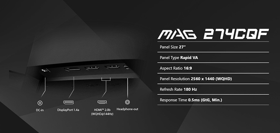 MSI MAG 274CQF 27″ 180Hz 0.5 ms Adaptive Sync Curved WQHD Curved Rapid VA Gaming (Oyuncu) Monitör