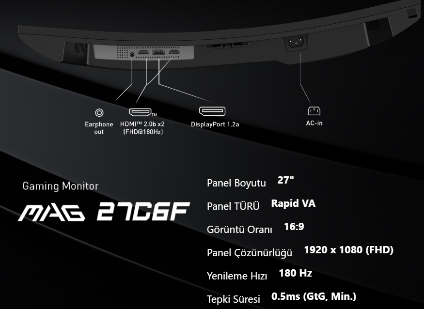 MSI MAG 27C6F 27″ 180Hz 1ms Full HD Adaptive Sync Rapid VA Gaming Monitör