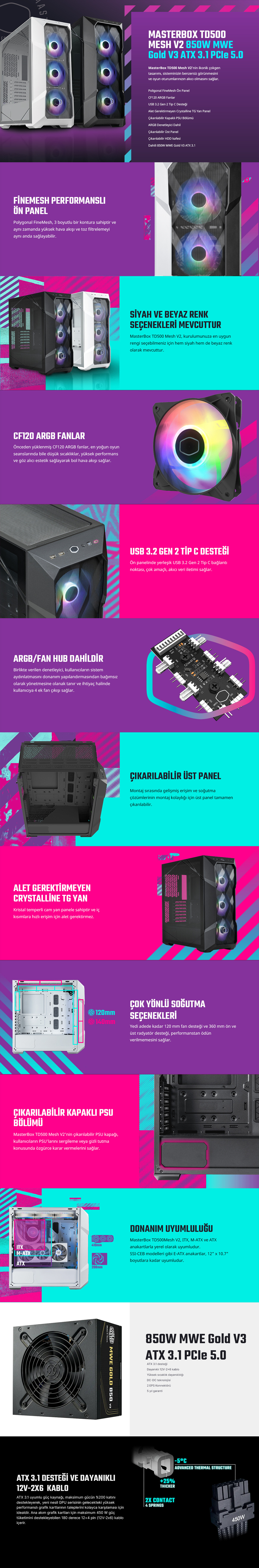 Cooler Master MasterBox TD500 Mesh TD500V2-KGNN85-STU Siyah 850W ATX 3.1 - PCIE 5.0 80+ Gold ARGB 4x120mm Fanlı ATX Mid Tower Gaming Kasa