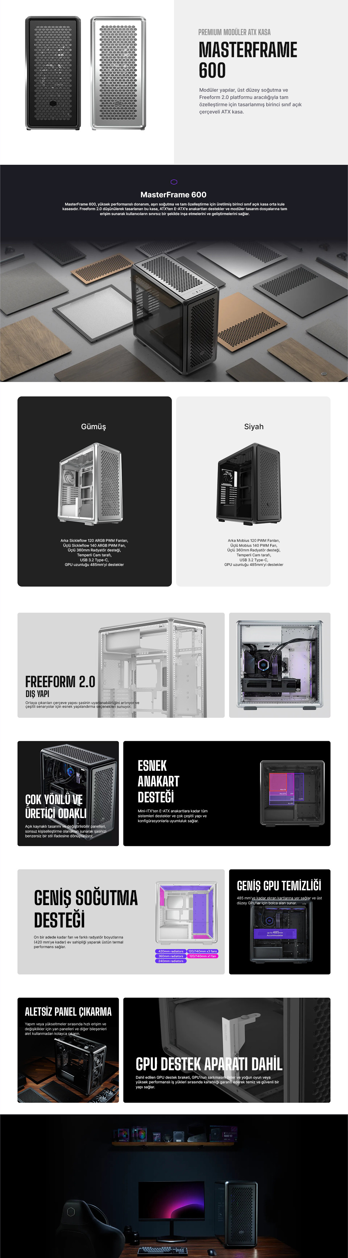 Cooler Master MasterFrame 600TG MF600-KGNN-S00 3x140mm(Ön)-1x120mm(Arka) Fan Modüler ATX Alüminyum Siyah Mid Tower Gaming Kasası