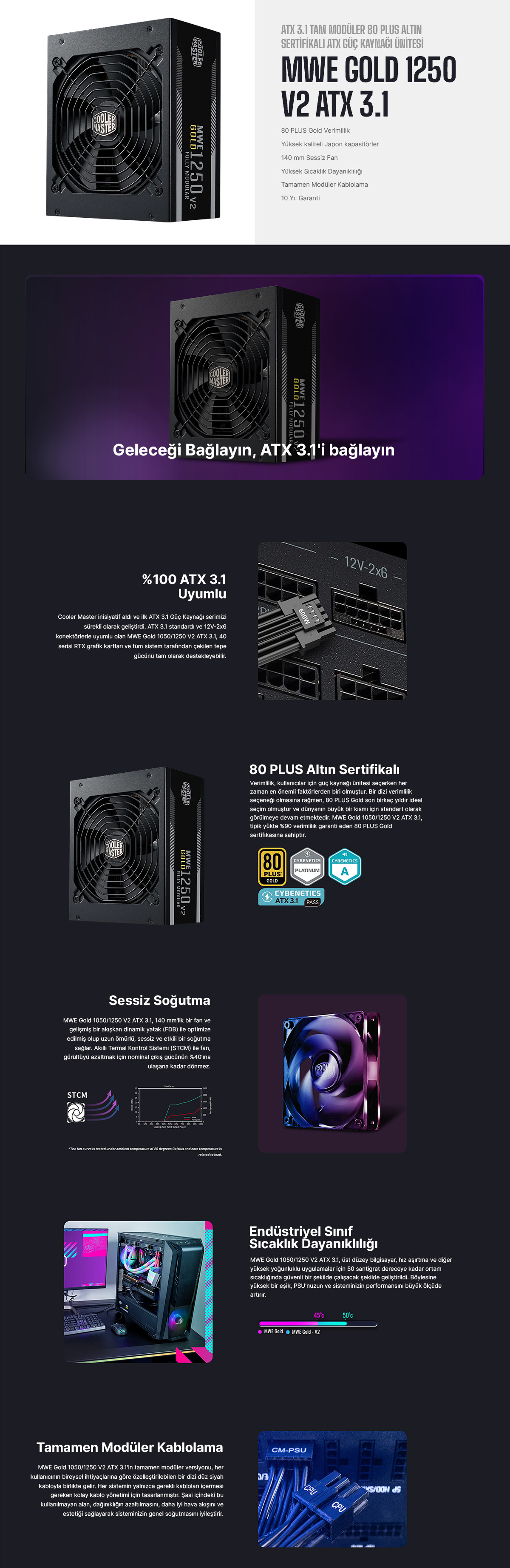 Cooler Master MWE Gold 1250 V2  1250W 80+ Gold 140mm Fan Full Modüler Power Supply