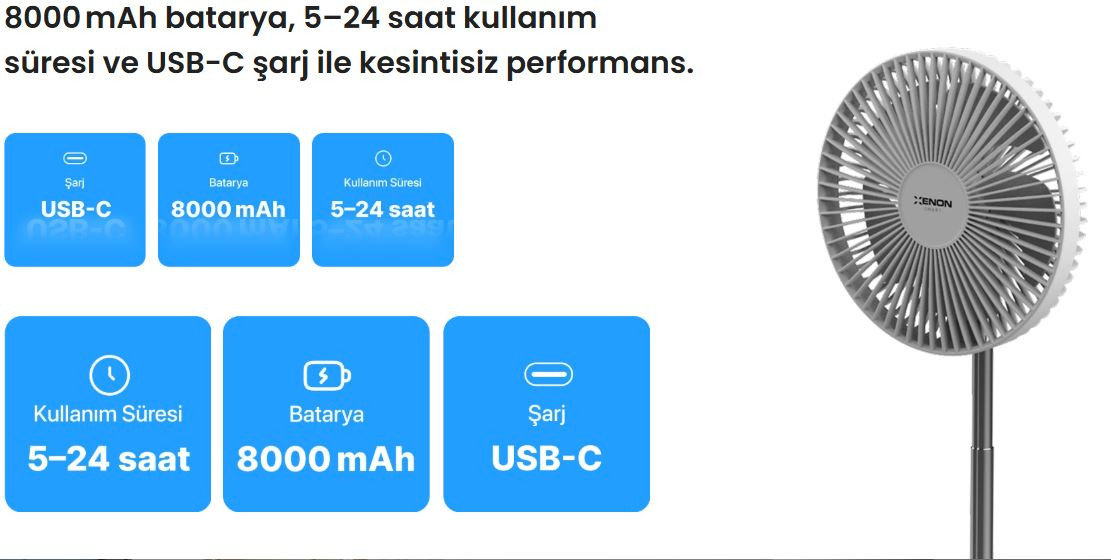 Xenon Smart X6103 Masaüstü Taşınabilir Şarjlı Vantilatör 