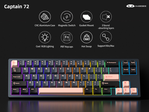 MageGee Captain72 68 Tuş Manyetik RGB Hot-Swap CNC Kablolu Gasket Siyah Gaming Klavye