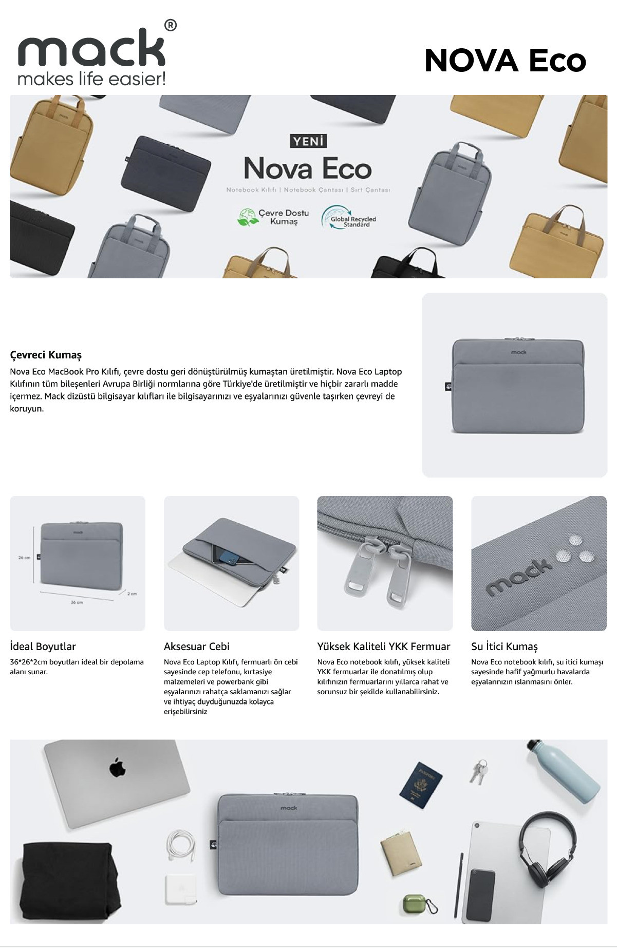 MACK MCE-1502 14.1 NOVA Eco Notebook Sleeve Gri