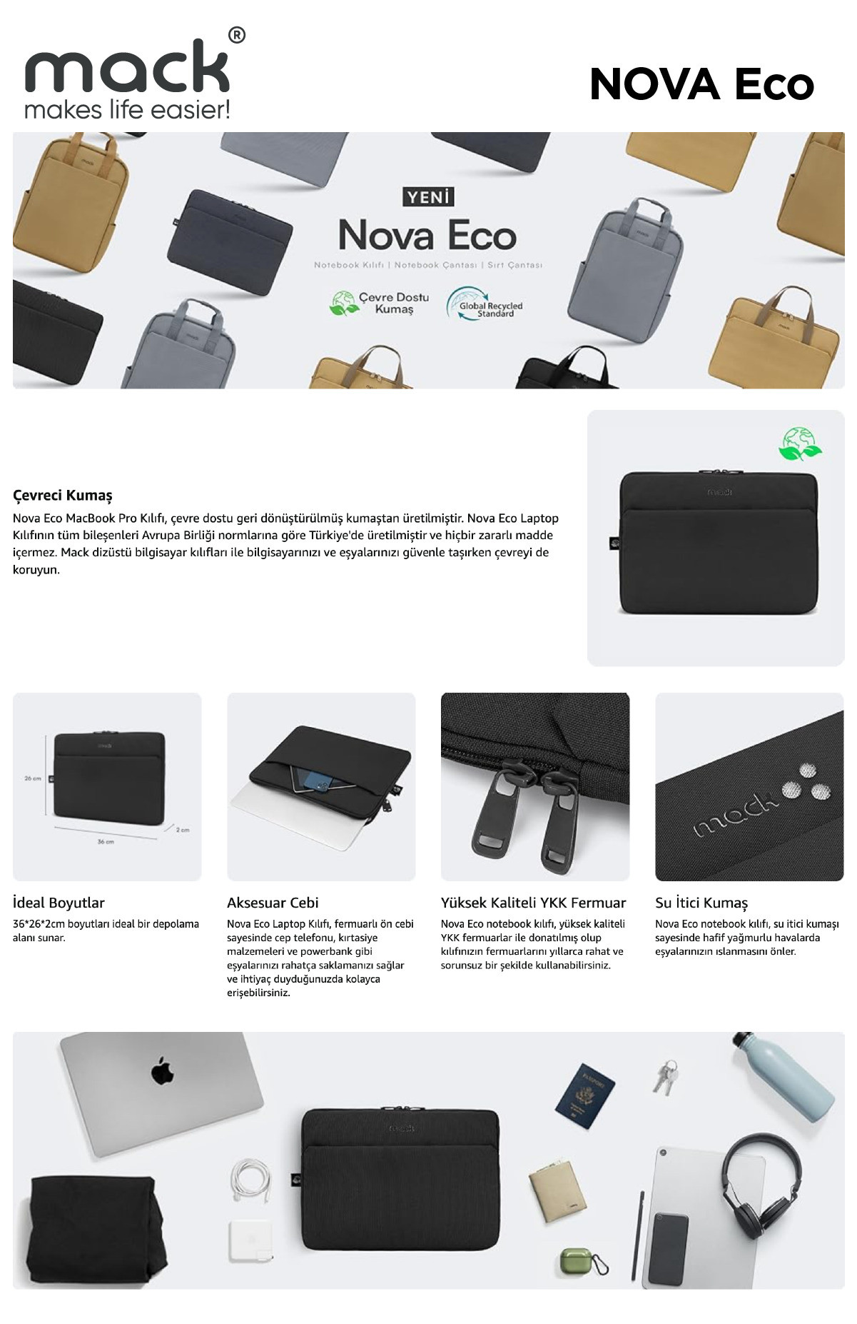 MACK MCE-1501 14.1 NOVA Eco Notebook Sleeve Siyah