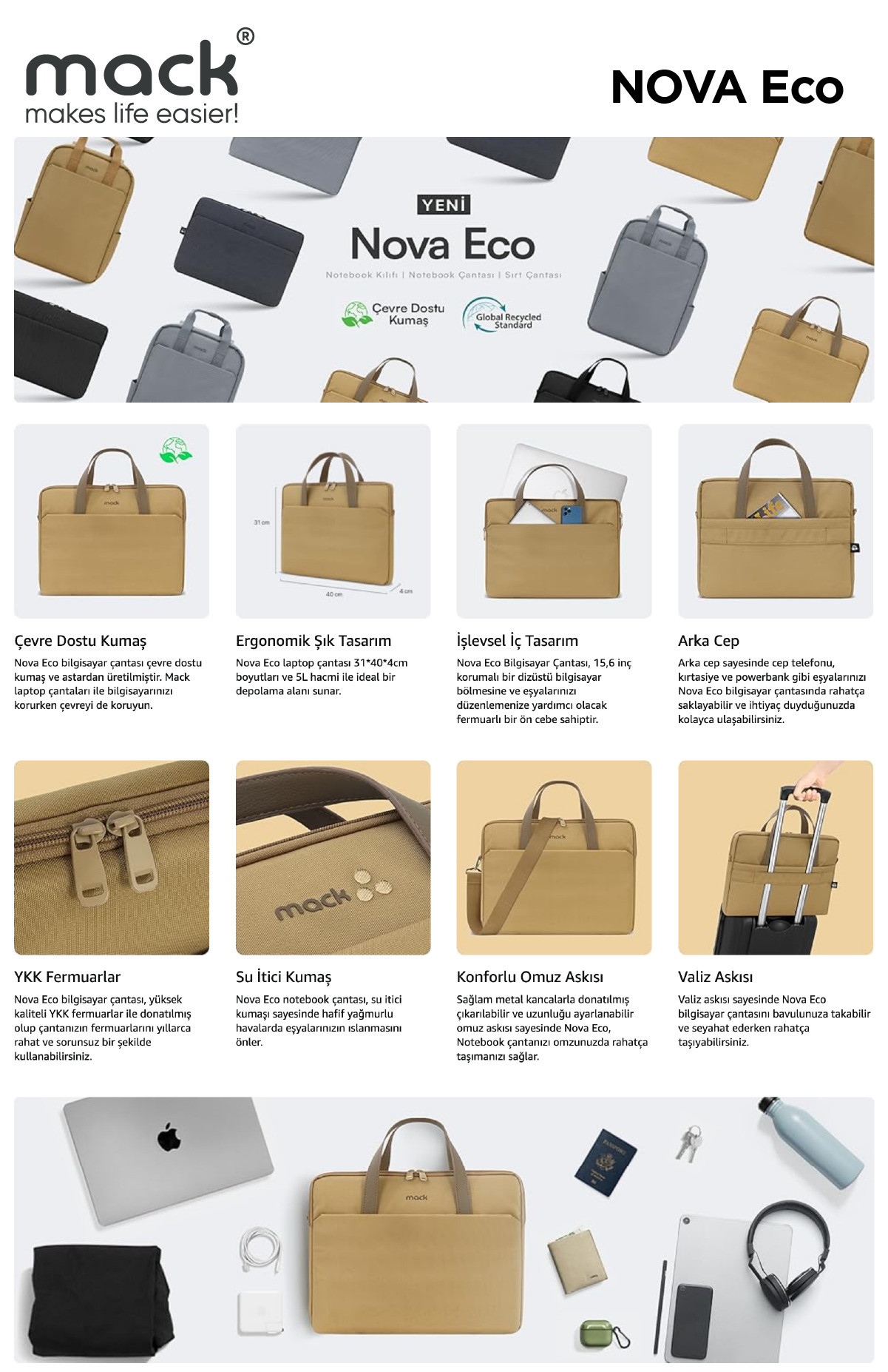 MACK MCE-1513 15.6 NOVA Eco Notebook Çantası Camel
