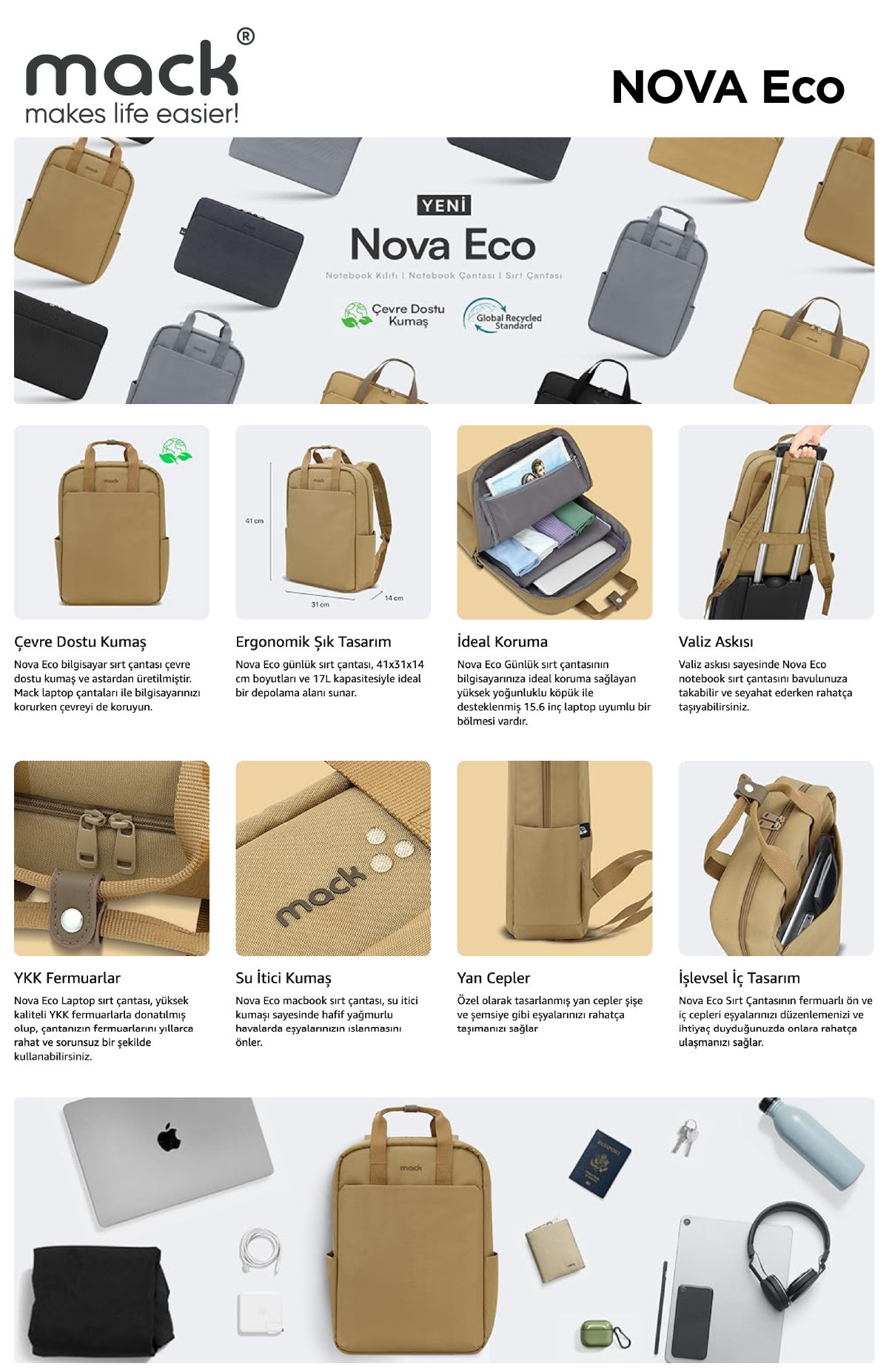 MACK MCE-1523 15.6 NOVA Eco Notebook Sırt Çantası Camel