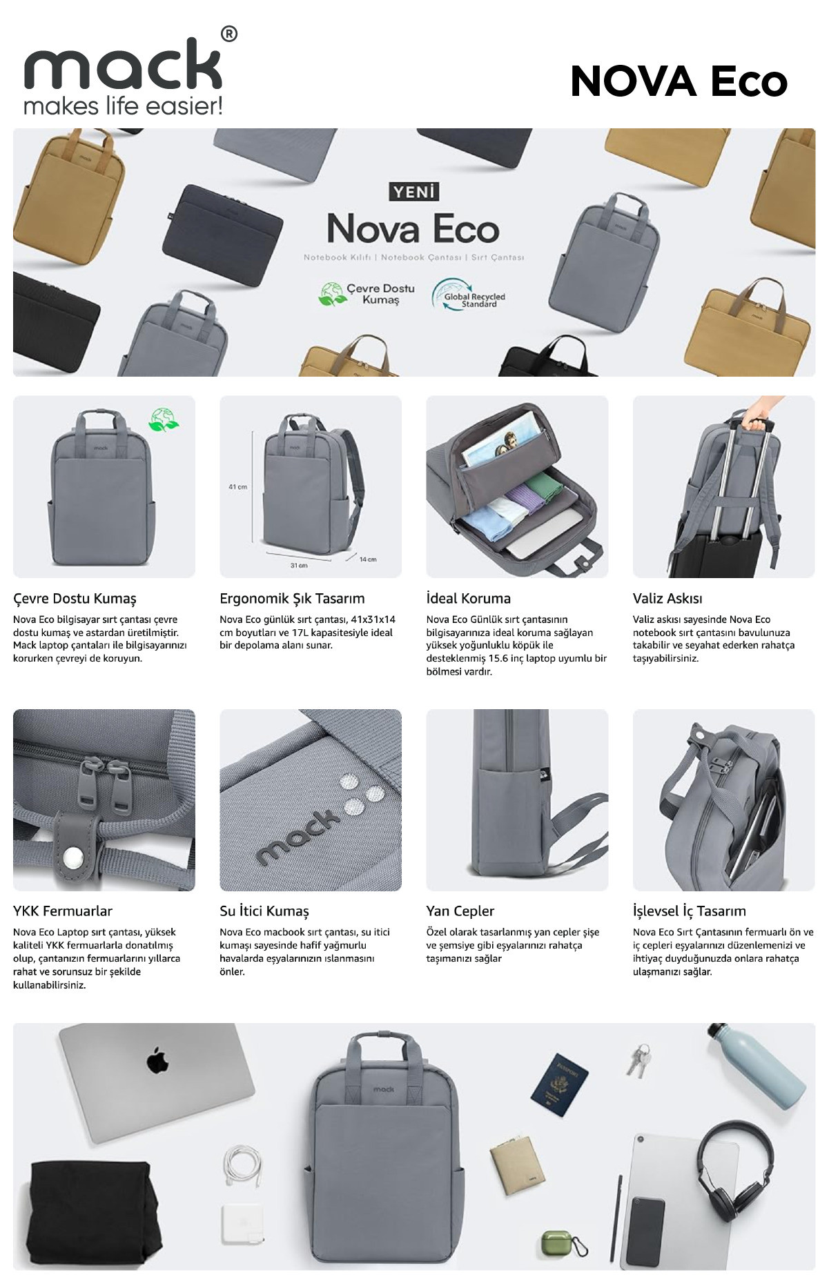 MACK MCE-1522 15.6 NOVA Eco Notebook Sırt Çantası Gri