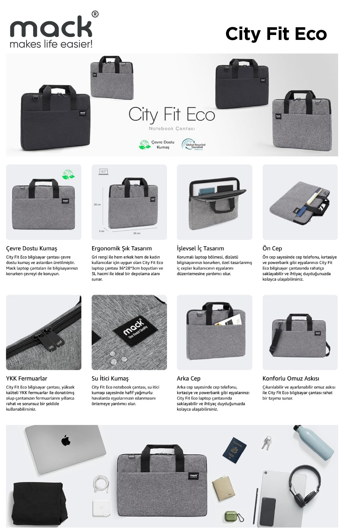 MACK MCC-702 14.1″ City Fit Notebook Çantası Gri
