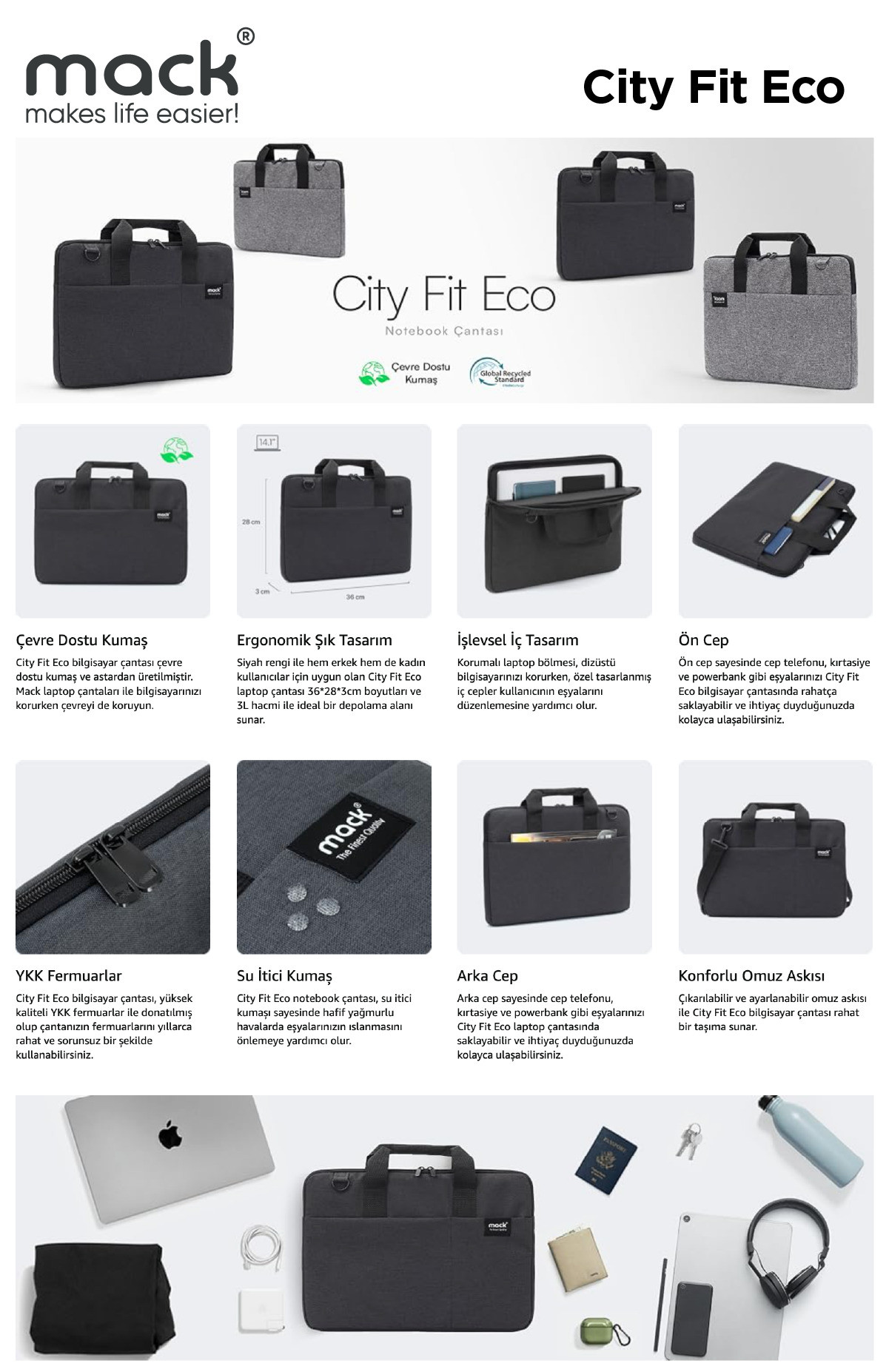 MACK MCC-701 14.1″ City Fit Notebook Çantası Siyah   