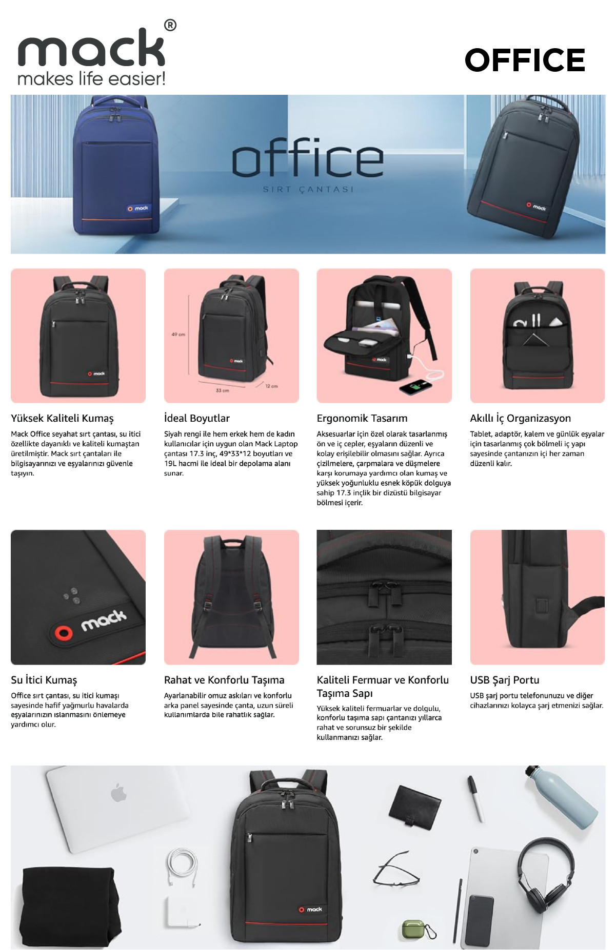 MACK MCC-007 17.3″ Office USB Girişli Notebook Sırt Çantası Siyah    