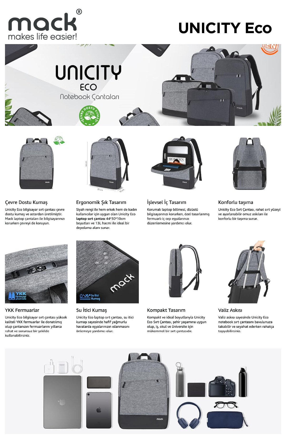 MACK MCE-1104 15.6″ UNICITY Eco Notebook Gri Sırt Çantası