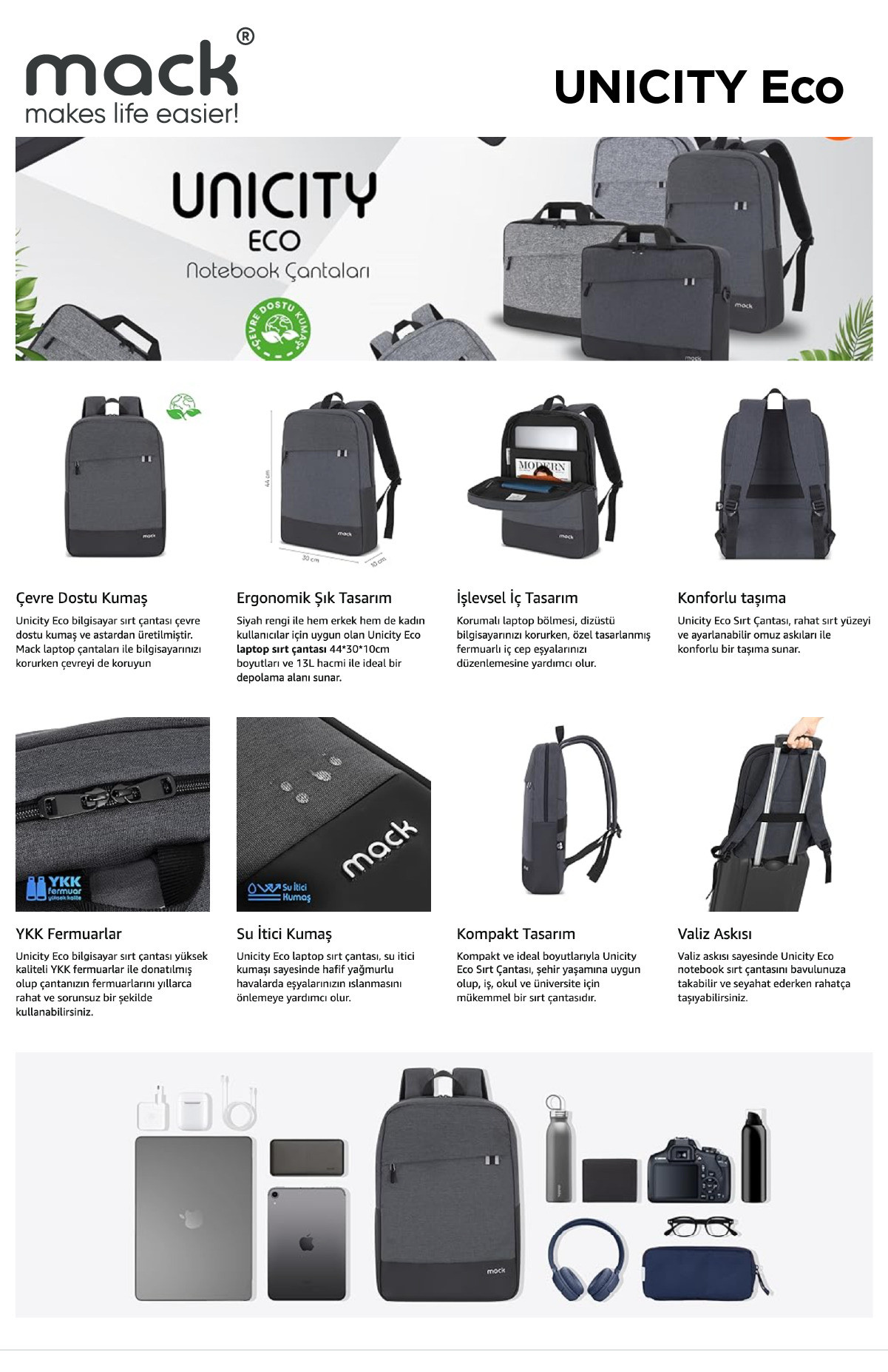 MACK MCE-1103 15.6″ UNICITY Eco Notebook Siyah Sırt Çantası 