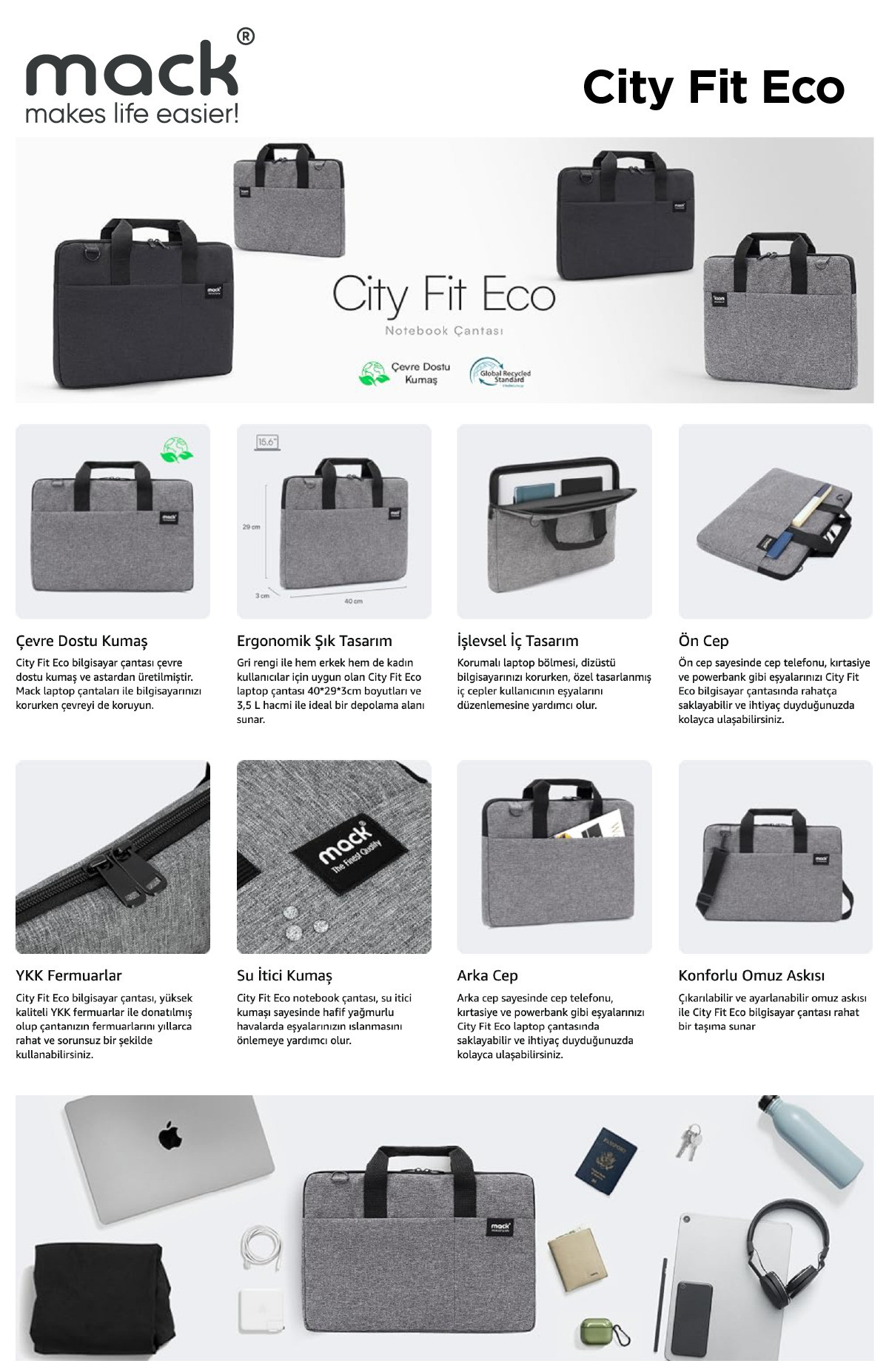 MACK MCC-704 15.6″ City Fit Gri Notebook Çantası