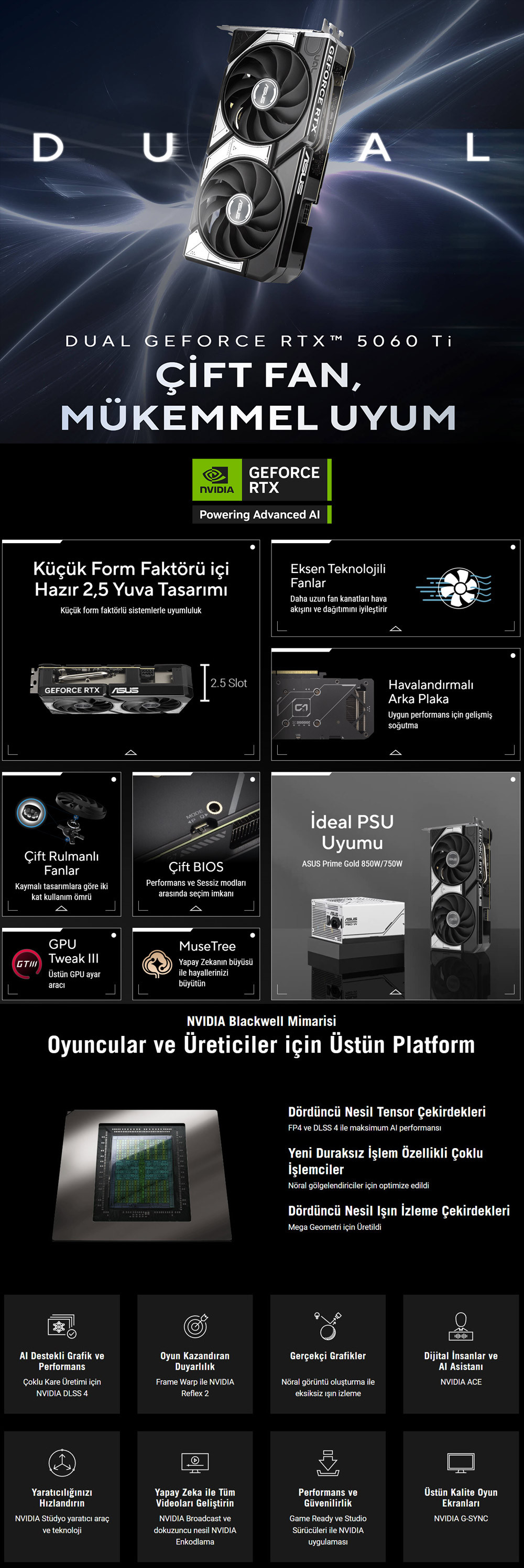 ASUS DUAL GeForce RTX 5060 TI OC 8GB GDDR7 128Bit DX12 DLSS 4 Gaming Ekran Kartı