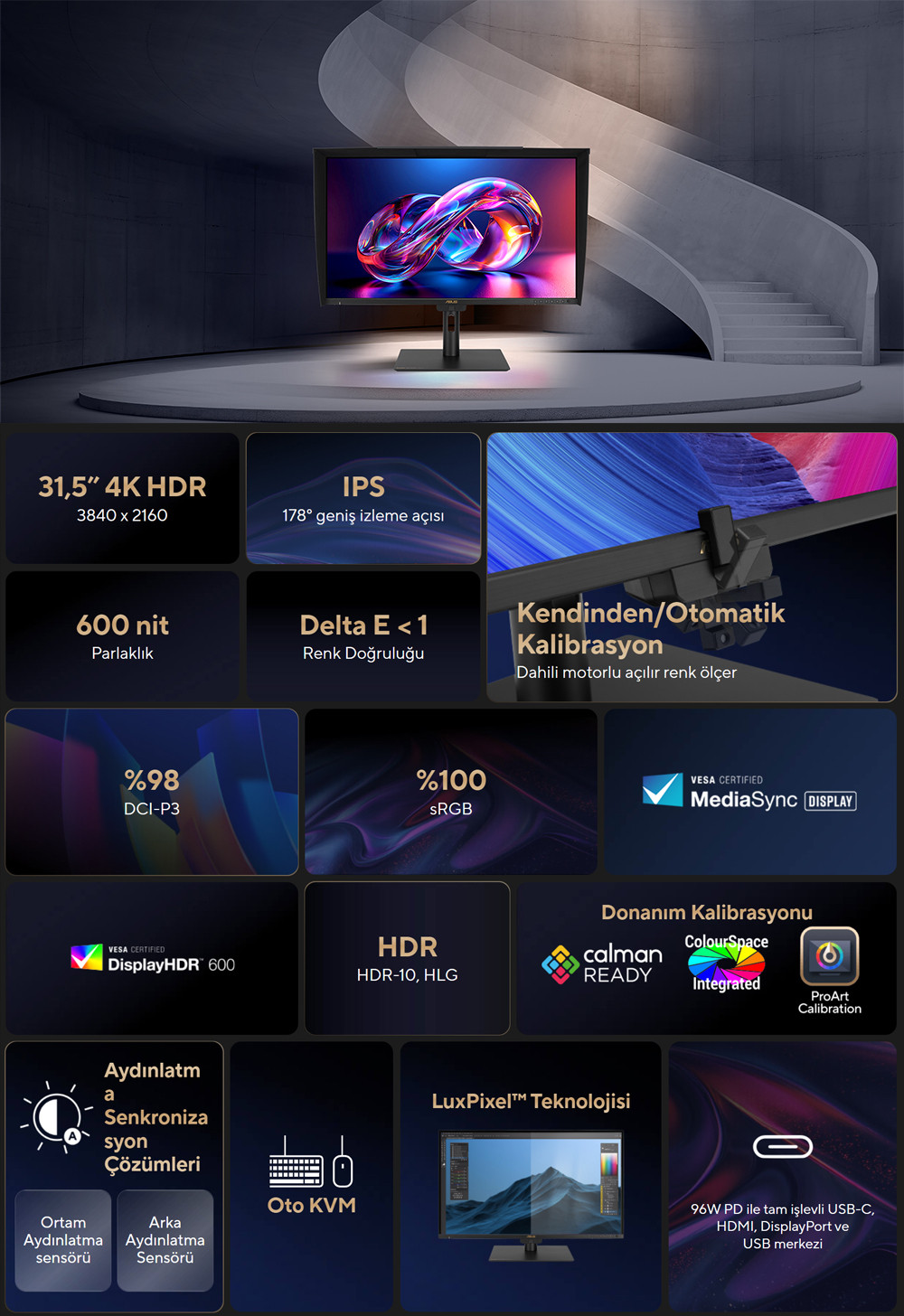 ASUS ProArt Display PA32UCE 31.5″ 60Hz 5Ms 4K UHD Adaptive Sync IPS Pivot Monitör