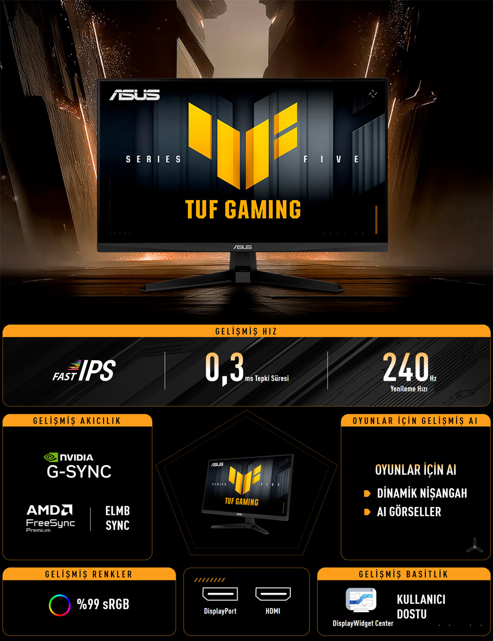 ASUS TUF GAMING VG249QM5A 23.8″ 240Hz  0.3ms Gaming AI ELMB  Full HD Fast IPS Gaming (Oyuncu) Monitör