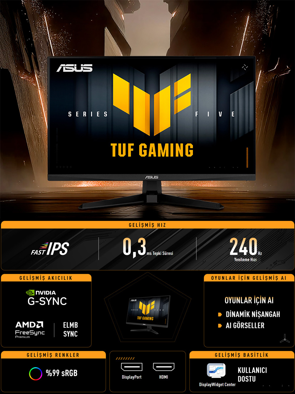 ASUS TUF GAMING  VG279QM5A 27″ 240Hz 0.3ms Gaming AI ELMB Sync Yükseklik Ayarlı  Full HD Fast IPS Gaming (Oyuncu) Monitör