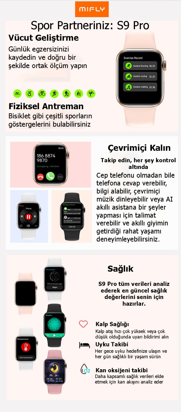 miFly S9 Pro 45mm Gümüş Akıllı Saat