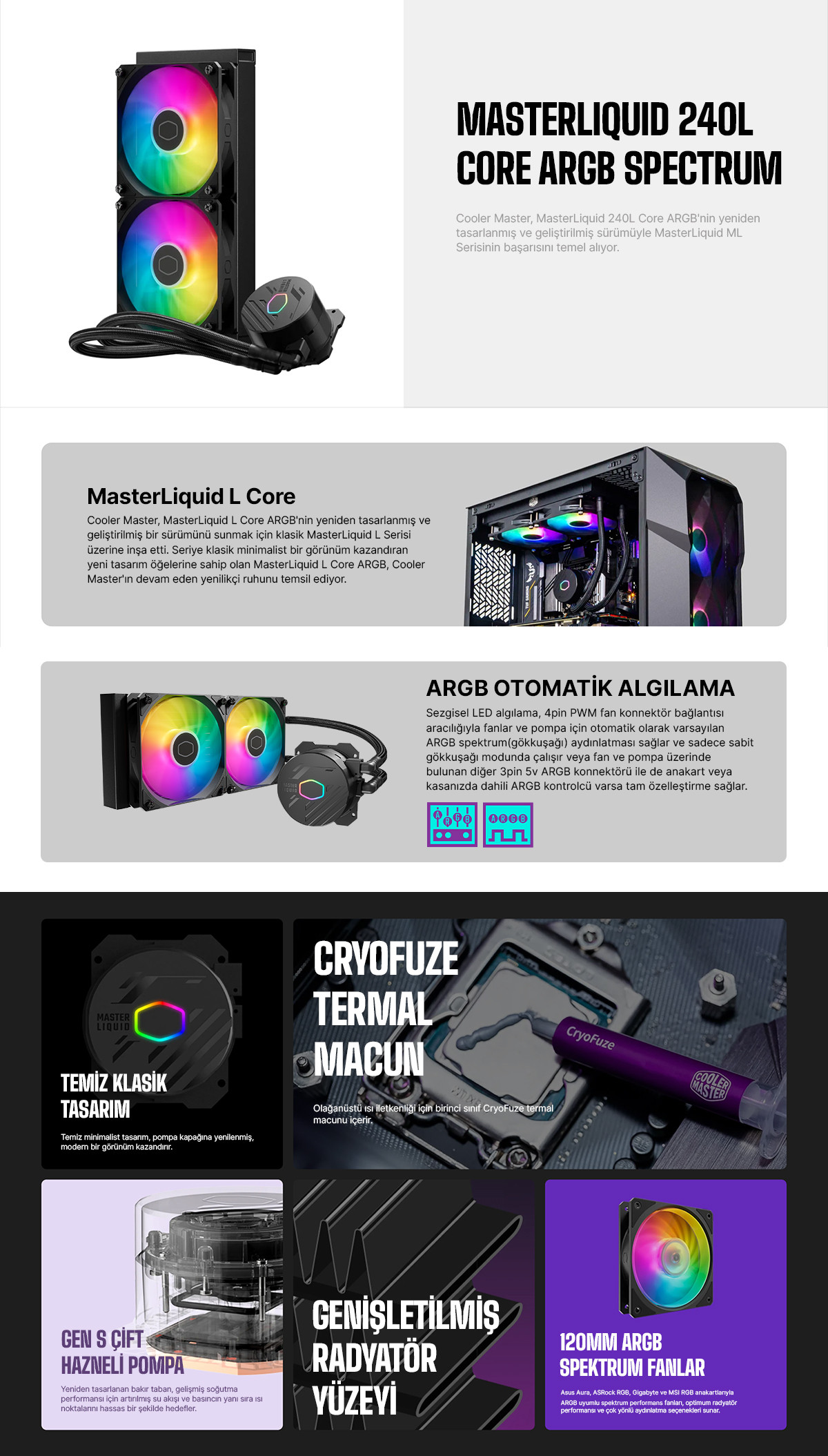 Cooler Master MasterLiquid Core 240L Spectrum 240mm ARGB İşlemci Sıvı Soğutucu (MLW-D24M-A18PS-R1)