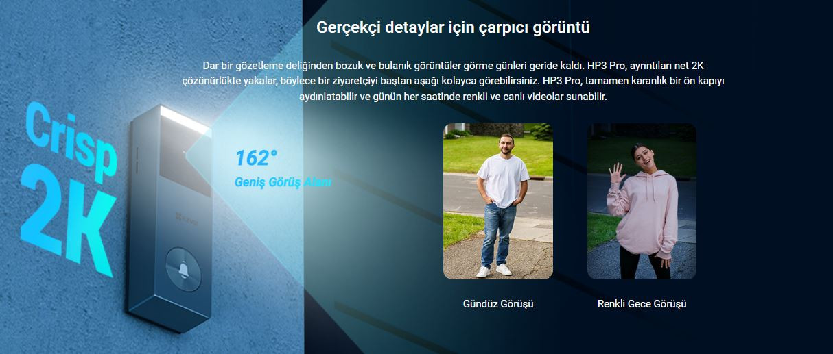 EZVIZ HP3-PRO Güneş Panelli Pille Çalışan 2K Görüntülü Kapı Zili