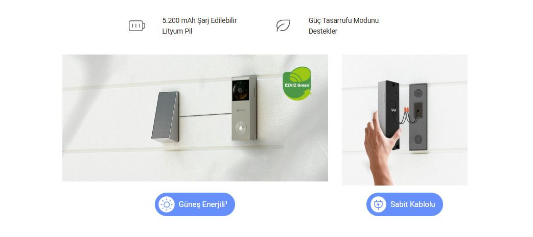EZVIZ HP3-PRO Güneş Panelli Pille Çalışan 2K Görüntülü Kapı Zili