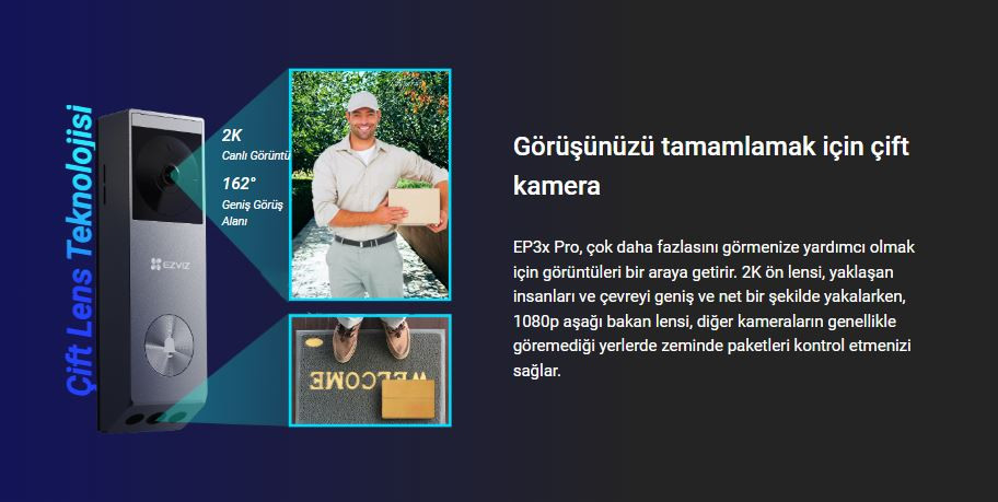 EZVIZ CS-EP3X (3MP+2MP) Güneş Panelli 2K Görüntülü Kapı Zili