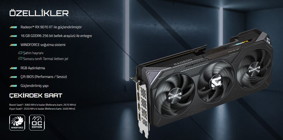 Gigabyte Radeon RX9070XT GAMING OC GV-R9070XTGAMING OC-16GD 16GB GDDR6 256Bit Gaming Ekran Kartı