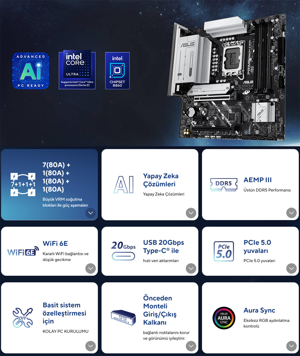 ASUS PRIME B860M-A WiFi Soket 1851 DDR5 8666MHz mATX Gaming (Oyuncu) Anakart