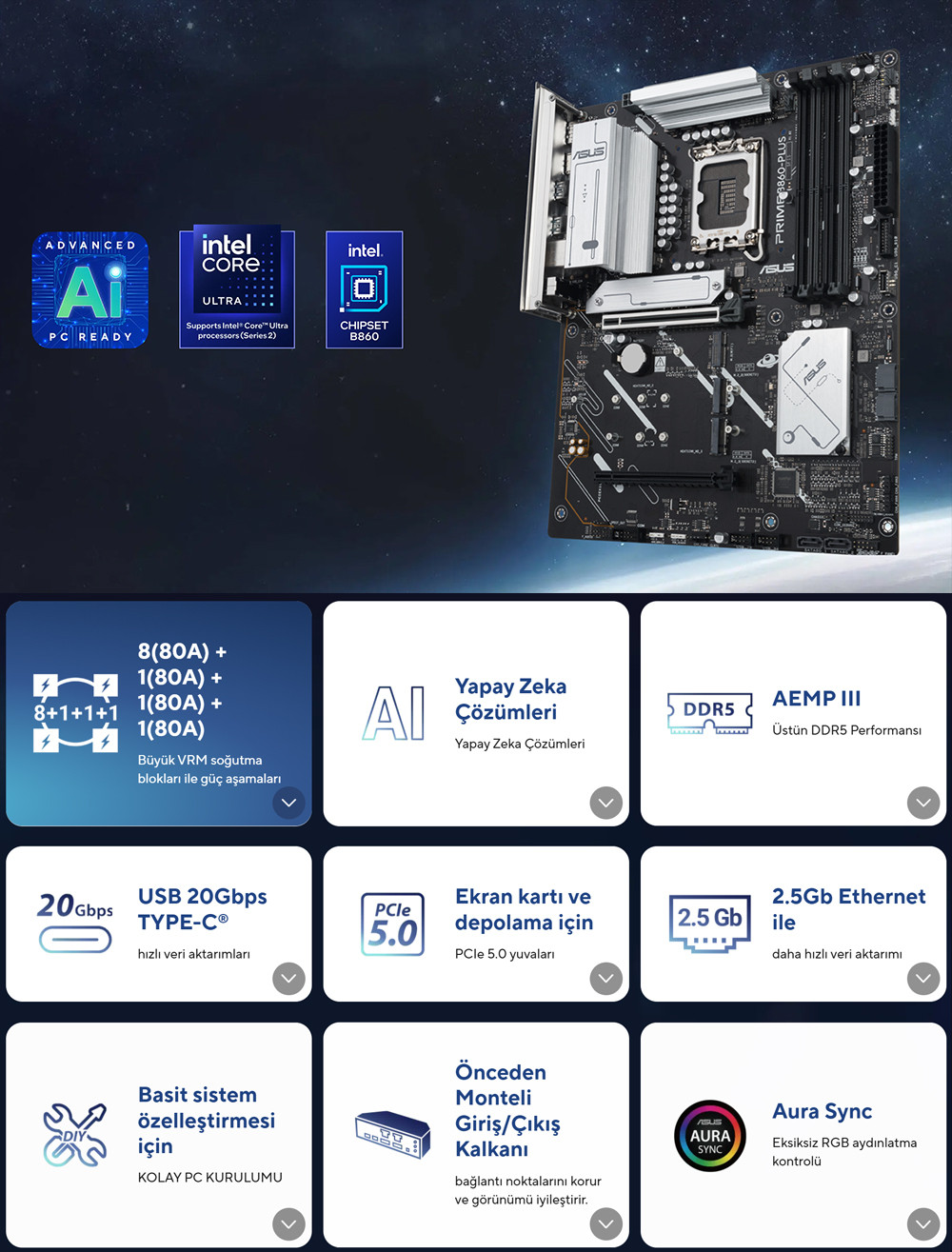 ASUS PRIME B860-PLUS-CSM Intel B860 Soket 1851 Soket 8666+(OC)MHz ATX Gaming Anakart