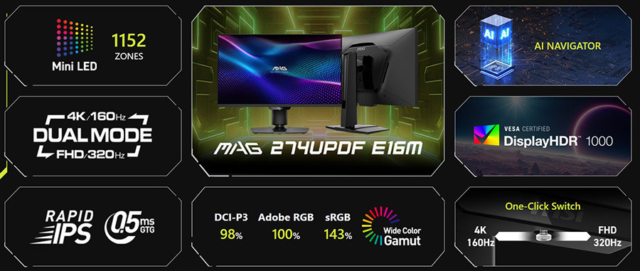 MSI MAG 274UPDF E16M 27″ 160Hz 0.5ms  3840x2160 (UHD) 16:9 Flat Rapid IPS Mini Led  Adaptive-Sync Pivot Gaming Monitor