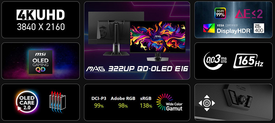 MSI MAG 322UP QD-OLED E16 31.5″ 165Hz 0.03ms 3840x2160 (UHD) 16:9 FLAT QD-OLED  FREESYNC PREMIUM PRO PIVOT Gaming Monitor