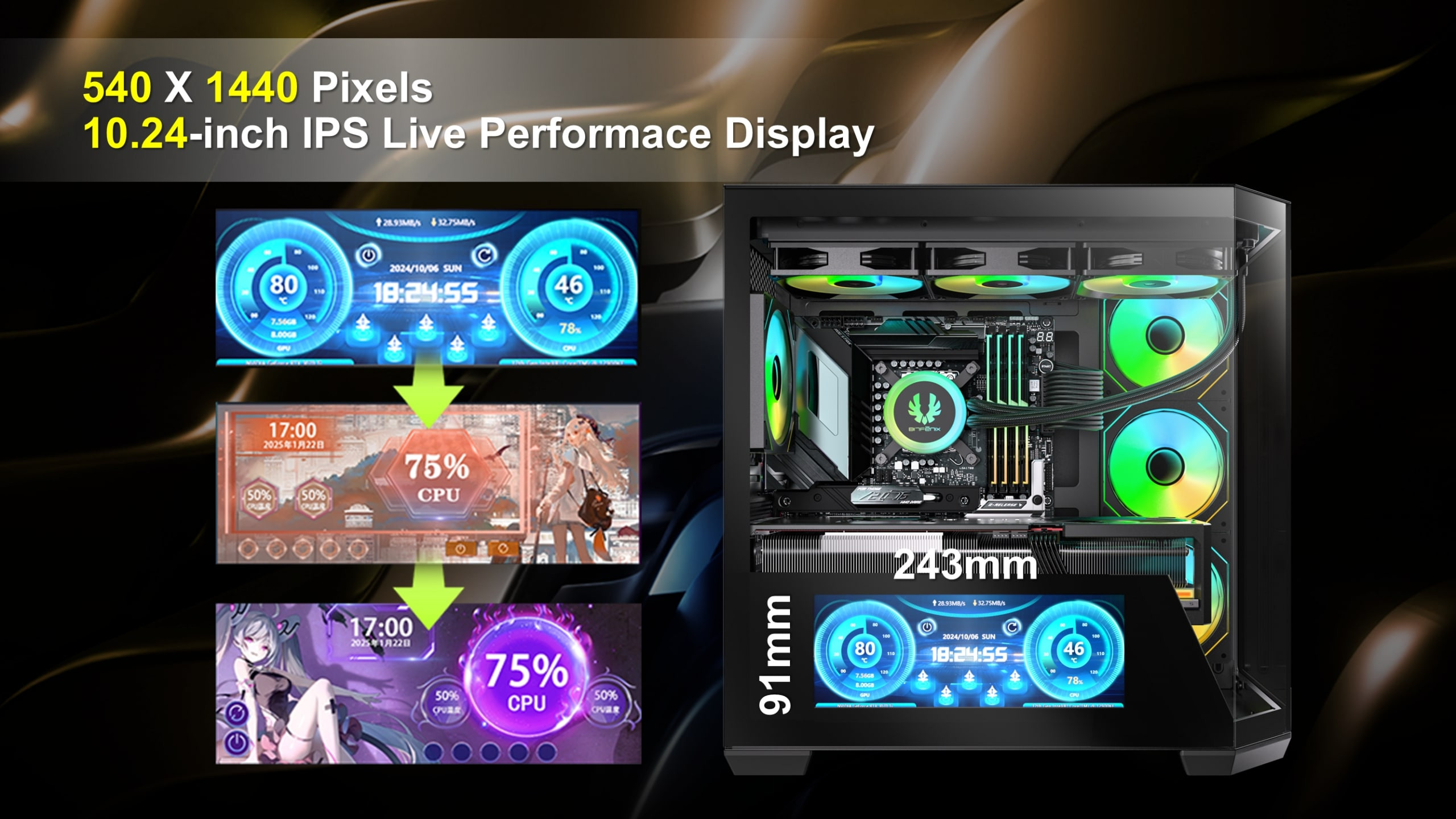 Bitfenix Digital T10 Black 850W 80 KT10ES10BBK85-4A 4x120mm ARGB Fan ATX Temperli Cam Siyah Gaming Kasa