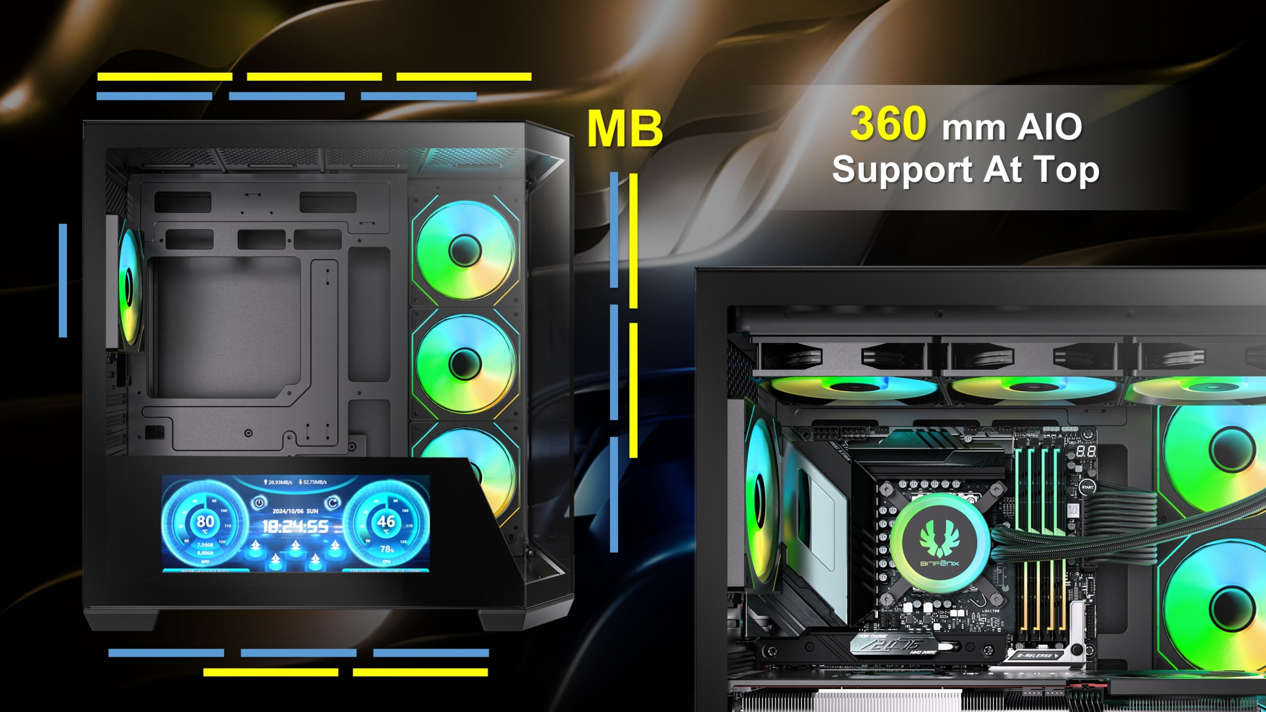 Bitfenix Digital T10 Black 850W 80 KT10ES10BBK85-4A 4x120mm ARGB Fan ATX Temperli Cam Siyah Gaming Kasa