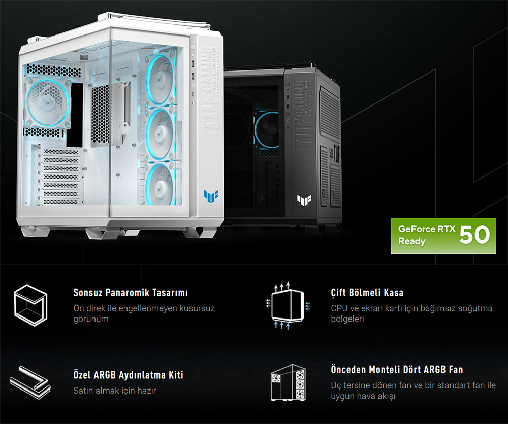 ASUS TUF Gaming GT502 Horizon Temperli Cam USB Type-C Beyaz ATX Mid-Tower Gaming Kasa