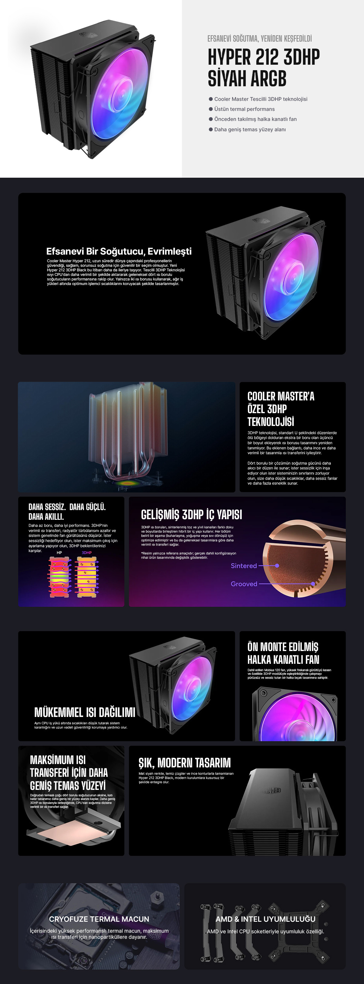 Cooler Master Hyper 212 3DHP ARGB 120mm Intel/AM5 Uyumlu İşlemci Soğutucu